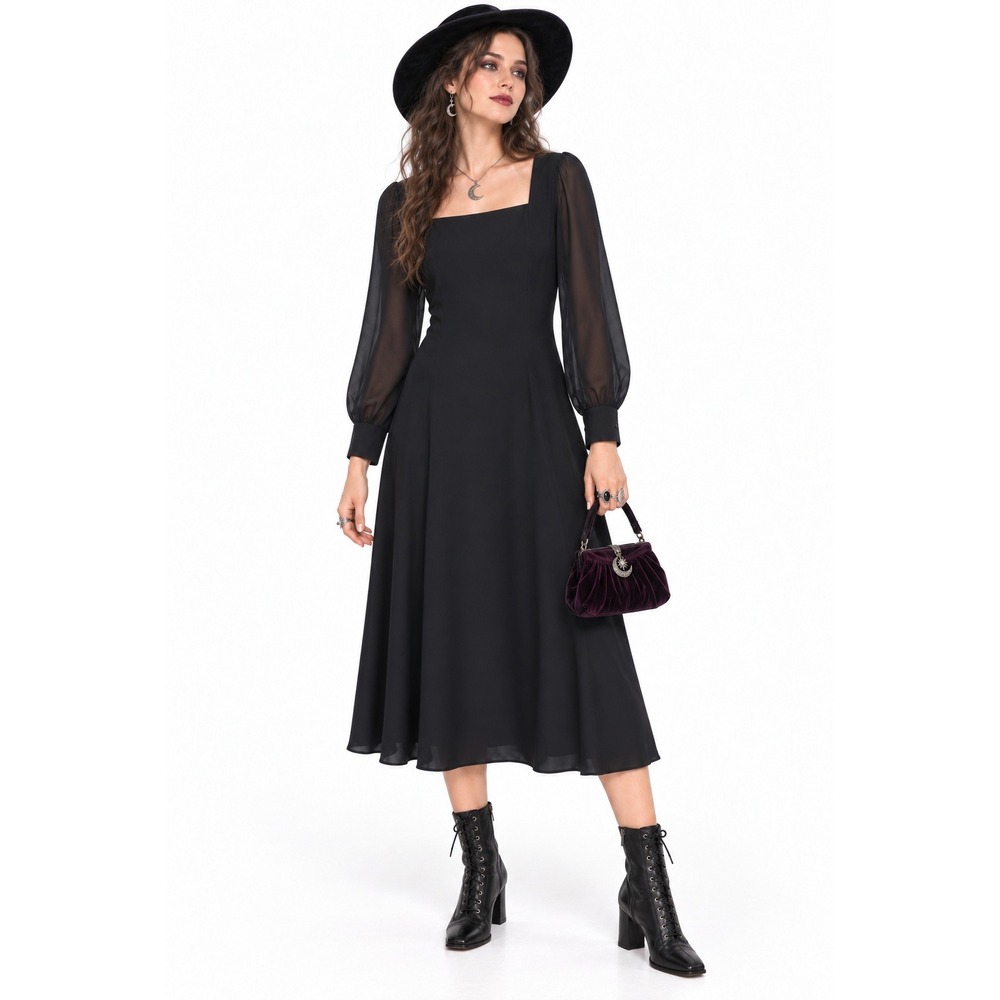 Vintage 90s Black Midi Dress Womens Size 9 Sheer Sleeve Square Neck Whimsigoth